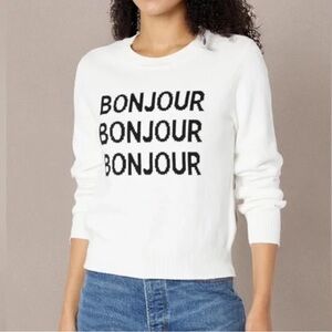 NWT Karl Lagerfeld "Bon Jour" white long sleeve Sweater black font